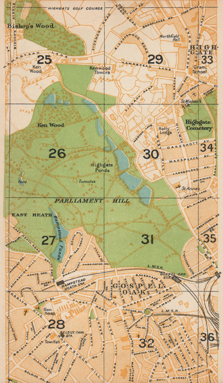 LONDON N.Hampstead Heath Gospel Oak Highgate Bishop's Wood Belsize Park 1927 map